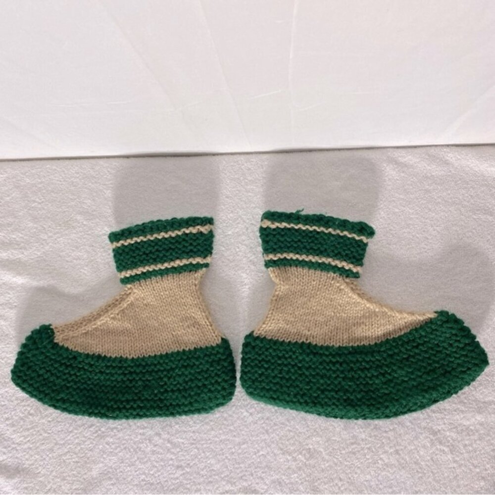 Vintage Handmade Green Beige Crochet Knit Slippers Cottagecore Grandma